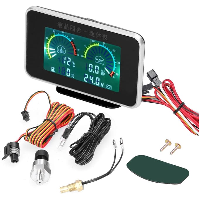 4-in-1 Auto LCD-meter Digitale oliedruk Spanning Watertemperatuur Brandstofmeter Universeel instrument zwart