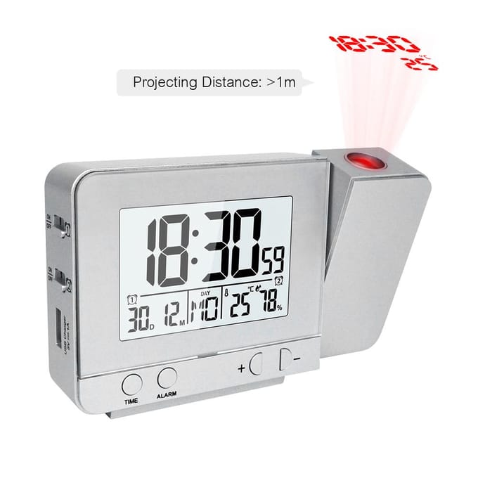 Projectiewekker voor slaapkamer met thermometer en hygrometer Digitale projectplafondklok zilver