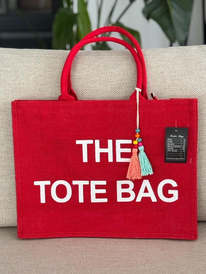 Damestas - The Tote Bag - Linnen - Rood met witte letters - Extra Flos - 42 x 32 cm.