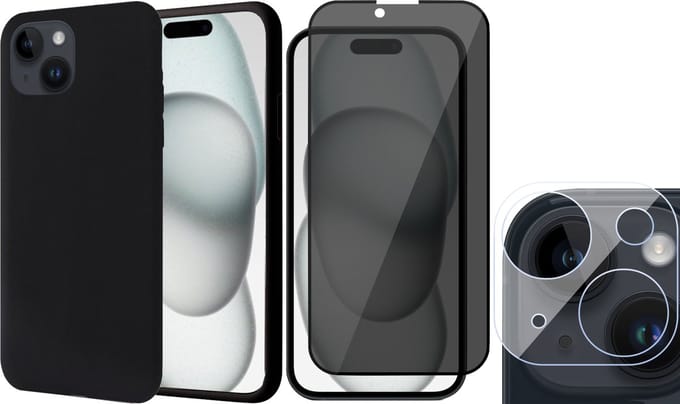 Hoesje geschikt voor iPhone 15 Plus - Privacy Screenprotector FullGuard & Camera Lens Screen Protector - Back Cover Case SoftTouch Zwart