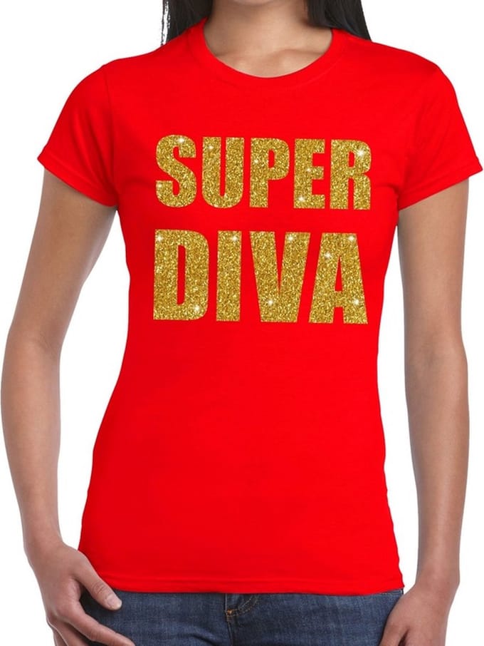 Super Diva gouden glitter tekst t-shirt rood dames - dames shirt Super Diva S