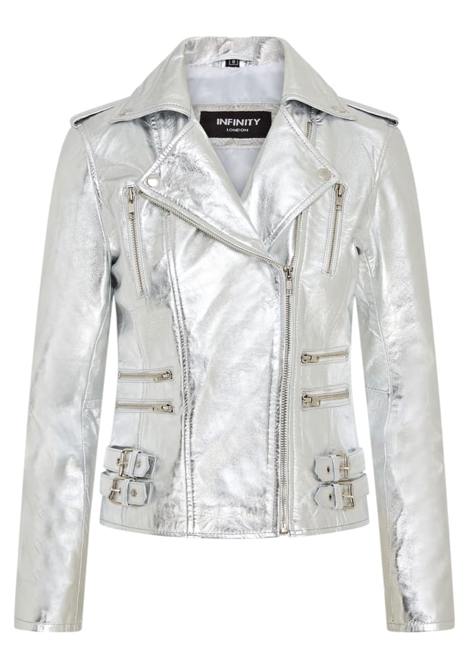 Dames leren zilveren Brando bikerjack - Loddon