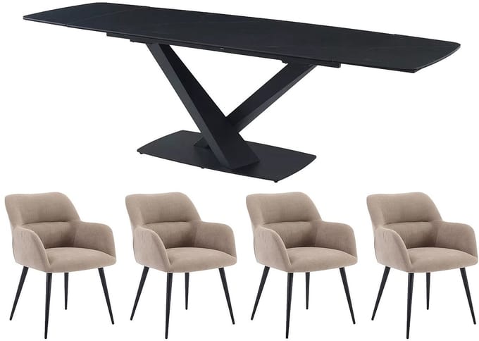 Vente-unique Set tafel MALATA + 4 stoelen HEKA - Zwart marmereffect en beige