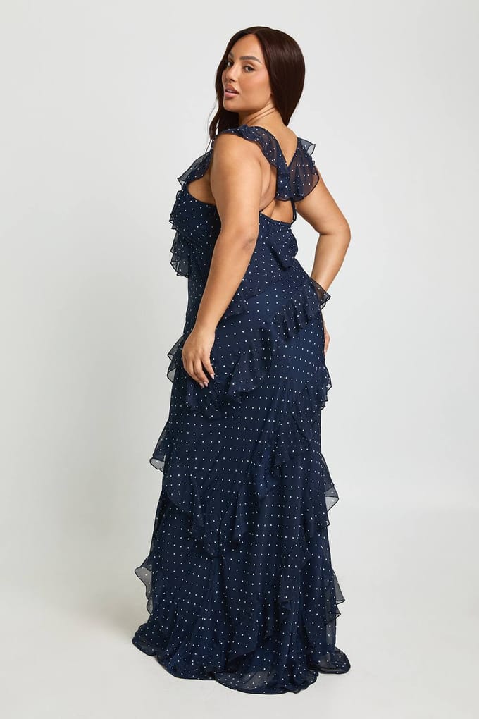 boohoo Dames Plus Polka Dot Ruffle Maxi Jurk | Marineblauw | Maat: 44
