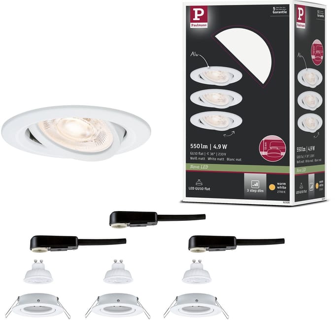 LED-inbouwlamp 3-Step-Dim Nova GU10 Flat draaibaar 3x4,9W 3x550lm 230V dimbaar 2700K Wit mat