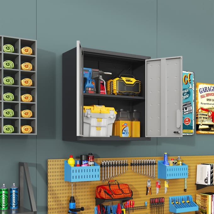MODENUIT Wandkast - Afsluitbare Deuren Met Verstelbare Plank - Voor Garage En Werkplaats - Metaal - Zwart Grijs