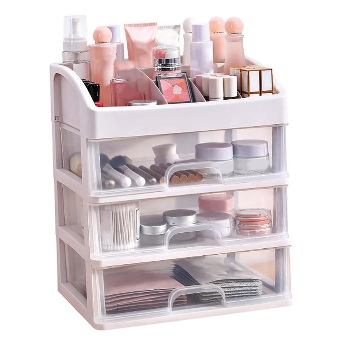 Boîte de rangement cosmétique à 3 tiroirs en plastique transparent, organiseur de maquillage spacieux white