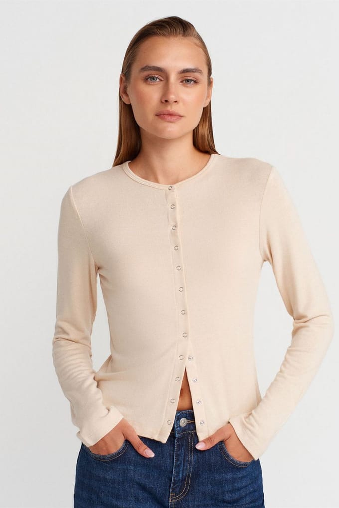 Geribde Ronde Hals Knopen Cardigan