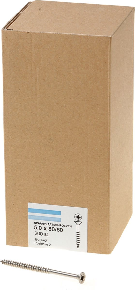 Hoenderdaal Spaanplaatschroef RVS platverzonken kop PZ2 deeldraad 5.0X80/50 (per 200 stuks)