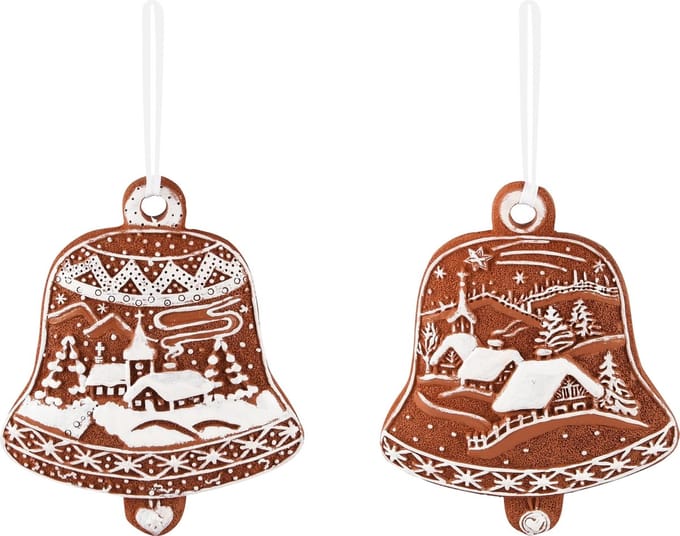 Dekoratief | Hanger bel peperkoek, bruin/wit, resina, 9x1x10cm, set van 2 stuks | A235951