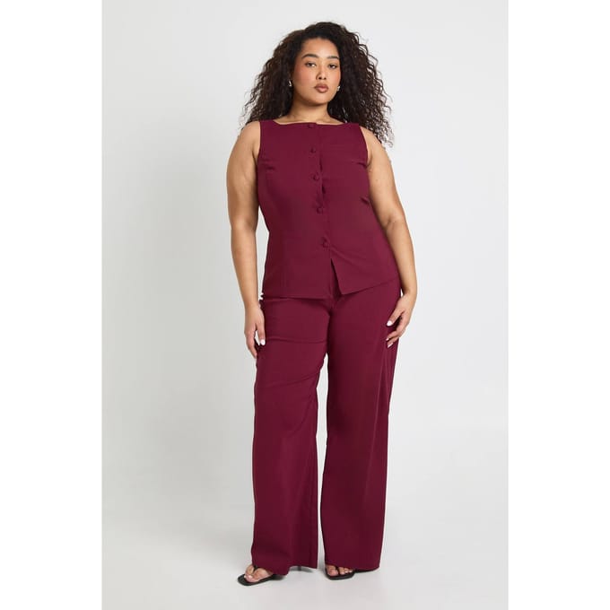 boohoo Dames Plus Super Stretch Getailleerd Lang Vest & Wijde Pijpen Broek | Wijn | Maat: 56