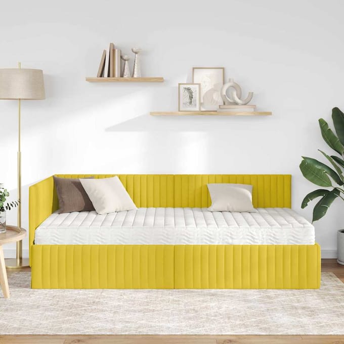 vidaXL - Hoekbedframe - met - Matras - met - hoofdeinde - 2 - st - Geel - Fluweel