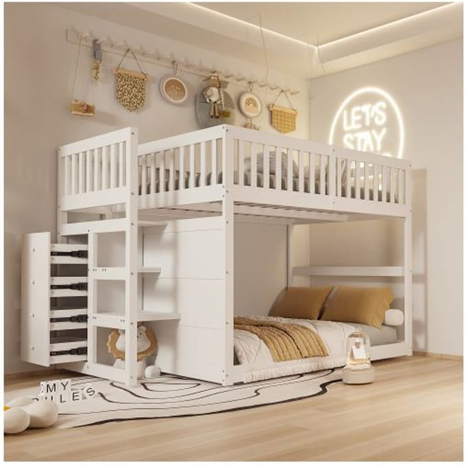 Lit superposé bas140 x 200 cm, lit superposé de sécurité avec compartiment de rangement, design clôture haute, lit en bois,blanc wit