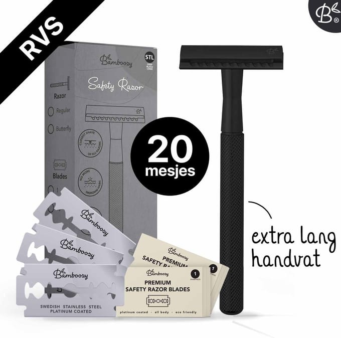 Bamboozy Safety Razor RVS + 20 scheermesjes Mat Zwart unisex mannen vrouwen Double Edge Single Blade Zero Waste Duurzaam Scheren
