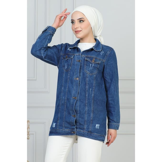 Laser Detailed Denim Jasje Blauw