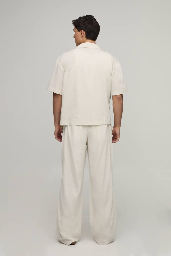 Wijde Linnen Blend Broek Met Geborduurd Naaddetail | Natural | Size Medium