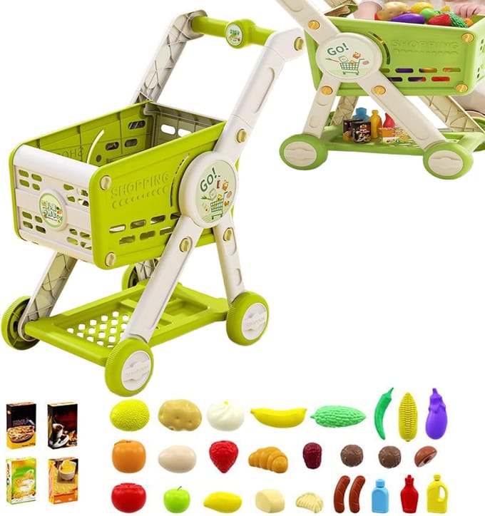 Kinder Speelgoed Winkelwagen - Rollenspel Winkel - Leren Sorteren - Inclusief 30 Accessoires - 33 x 15 x 27 cm