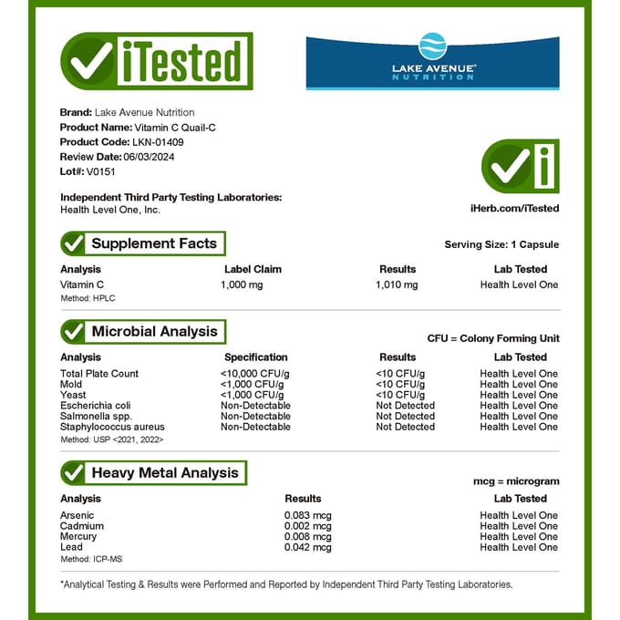 Lake Avenue Nutrition, Vitamine C, Quali®-C, 1 000 mg, 60 gélules végétales