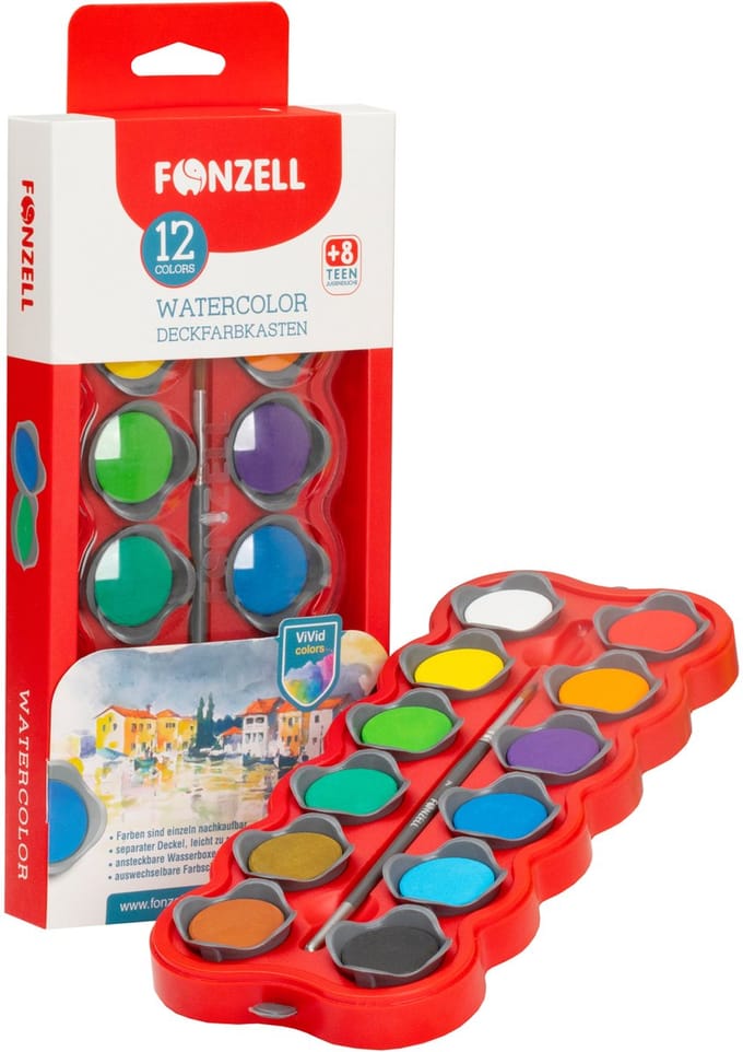 Fonzell Waterverf Set – 12 kleuren – levendige, mengbare en lichtechte waterverf