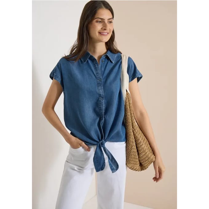 Overhemdblouse met afhangende schouders in denimlook