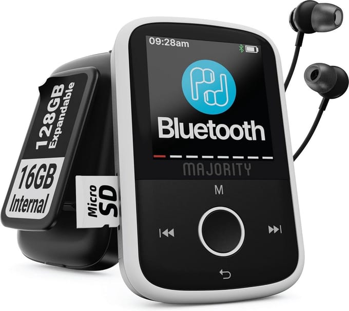 Draagbare MP3-speler met Bluetooth 5.0, 16 GB uitbreidbaar tot 128 GB | 34 uur batterijduur en Sportclip