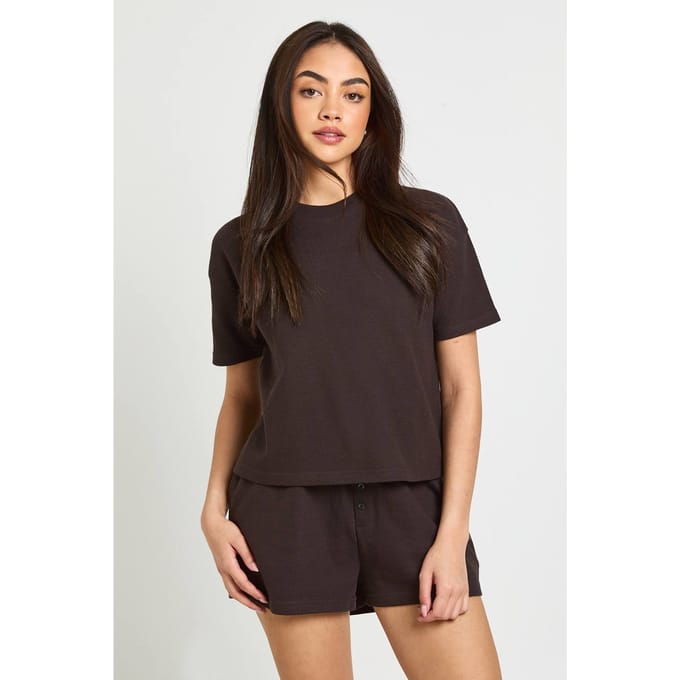 boohoo Dames Wafel Henley Short | Chocoladebruin | Maat: 36