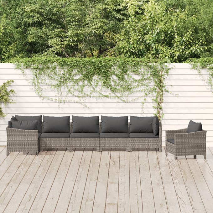 vidaXL - 7-delige - Loungeset - met - kussens - poly - rattan - grijs
