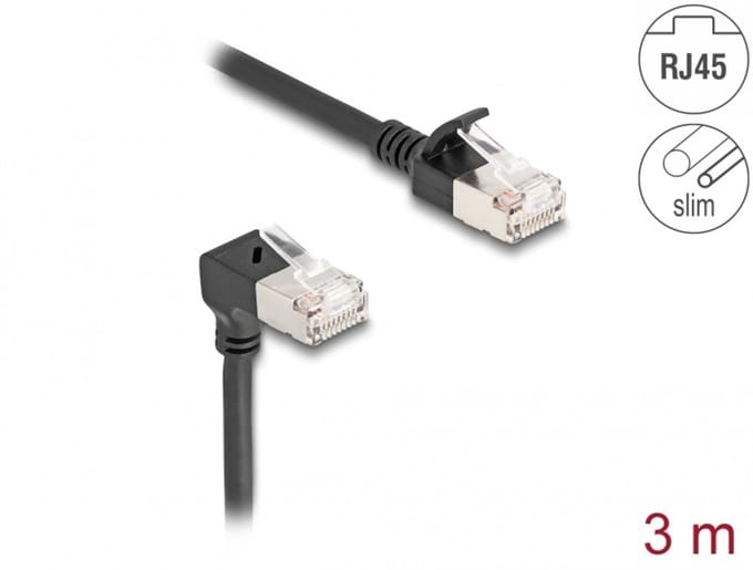 Delock RJ45 Network Cable Cat.6A S/FTP Slim 90° downwards angled / straight 3 m black