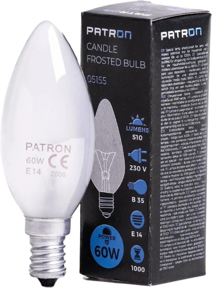 Patron E14 Kaars Gloeilamp | 60W 2700K 510Lm Mat | Dimbaar
