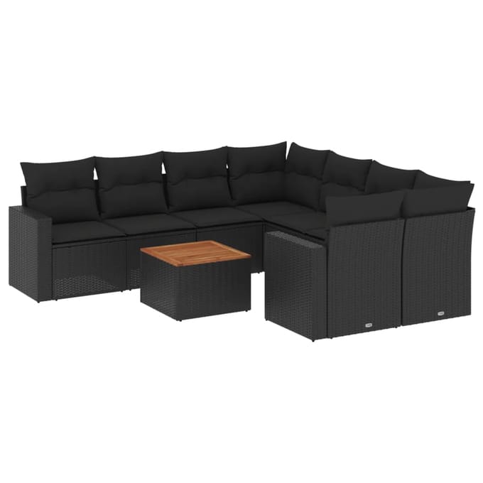 vidaXL - 9-delige - Loungeset - met - kussens - poly - rattan - zwart