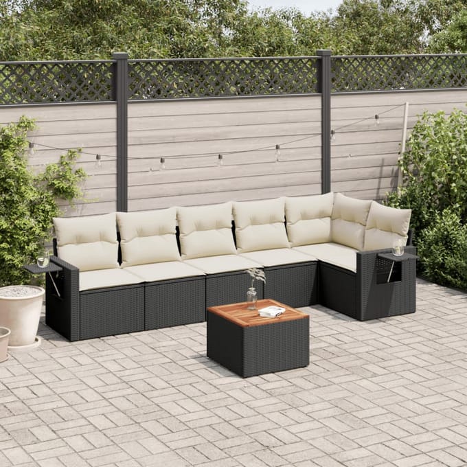 vidaXL - 7-delige - Loungeset - met - kussens - poly - rattan - zwart
