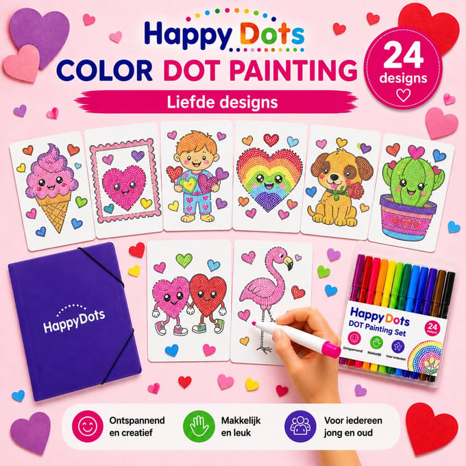 HappyDots Color DOT Painting set Liefde A4 - 24 designs + stiften set + opbergmap