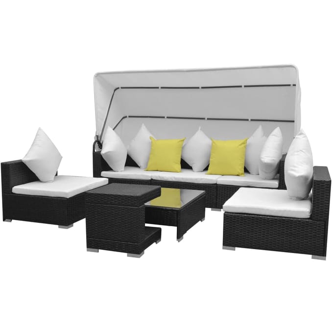 vidaXL - 7-delige - Loungeset - met - luifel - poly - rattan - zwart