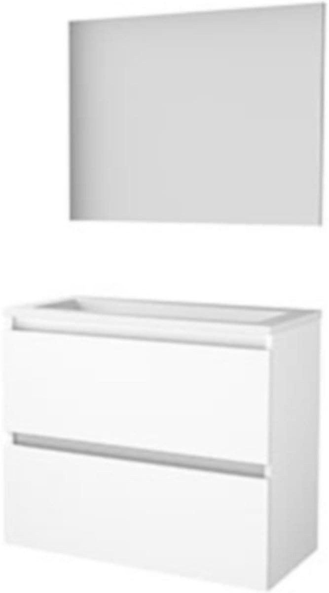 Basic-Line Basic 39 Badkamermeubelset - Ondiep - 80 x 39 cm - Greeploos - 2 Lades - Keramische Wastafel - 1 Kraangat - Spiegel - Ice White