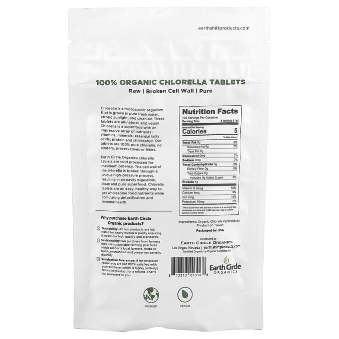 Earth Circle Organics, 100% Biologische Chlorella Tabletten, 250 mg, 400 Tabletten (62 mg per tablet)