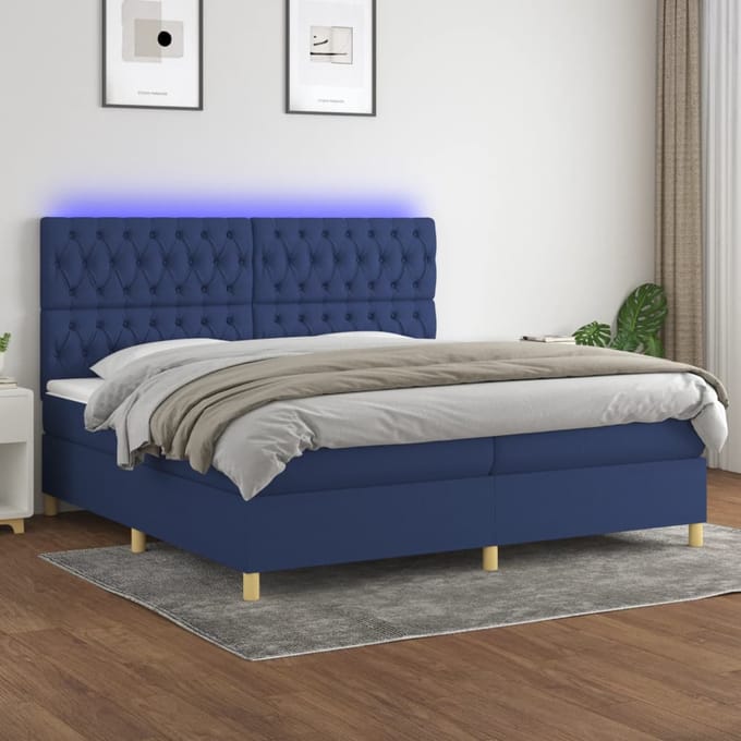 vidaXL - Boxspring - met - matras - en - LED - stof - blauw - 200x200 - cm