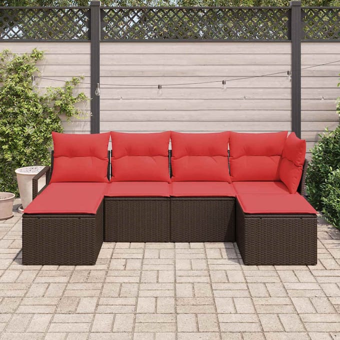 vidaXL - Bankstel - 6 - st - Bruin - en - Rood - poly - rattan