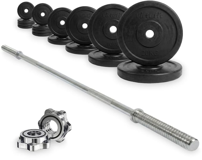 VirtuFit Rubberen Halterset - 90 kg - Volledige set - Incl. Halterstang, Halterschijven en Veerclipsluitingen