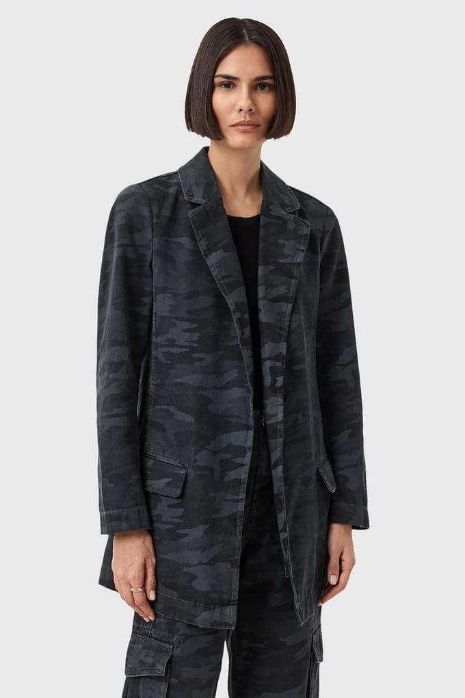 AllSaints Aleida Denim Blazer Camo Ink Blue Größe: 10 | Blazer Outlet | Damen | Blau