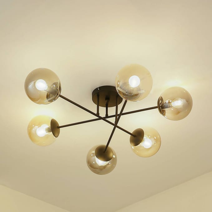 Lindby - plafondlamp - 6lichts - Ijzer, glas - H: 28 cm - E14 - zwart, rookgrijs