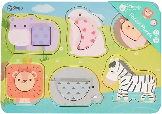 Classic World houten puzzel wilde dieren educatief speelgoed 13 stukjes.