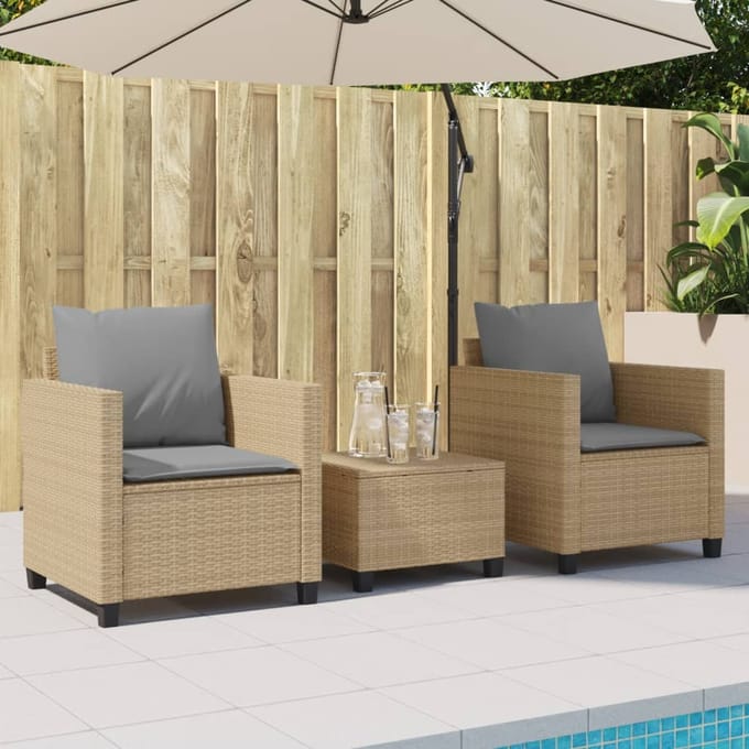 vidaXL - 3-delige - Bistroset - met - kussens - poly - rattan - beige