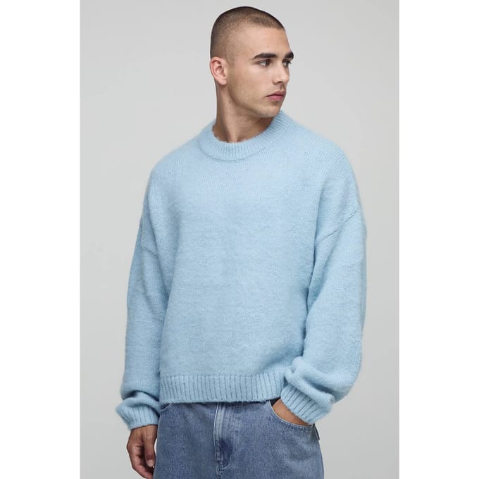 Boxy pasvorm geborstelde verlengde nek gebreide trui | Light Blue | Size Medium