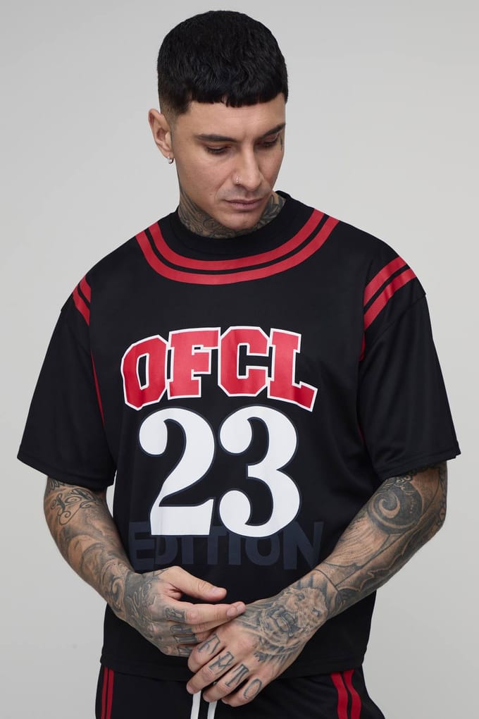 Tall Oversized Boxy Mesh OFCL 23 Printed T-Shirt | Black | Size Medium
