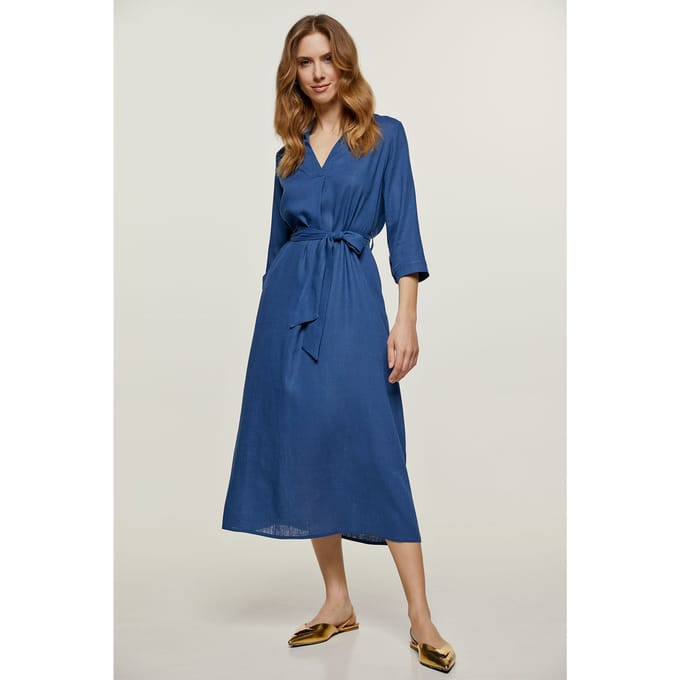 Blauwe Linnen Midi Jurk met Riem
