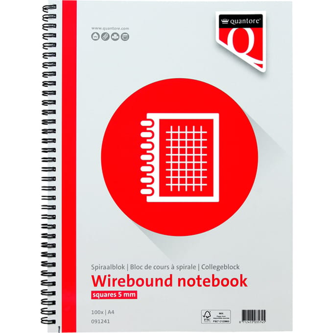 Spiraalblok Quantore A4 ruit 5mm 200 pagina's 70gr