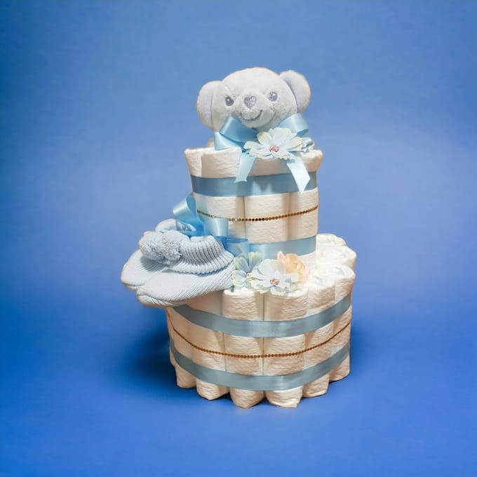 Luiertaart - blauw - sokjes - beertje - pampers