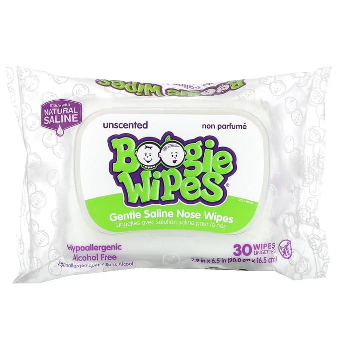 Lingettes nasales Boogie Wipes, solution saline douce, non parfumée, 30 feuilles white