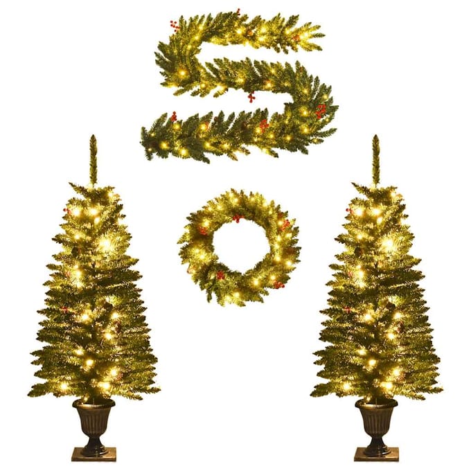 vidaXL Kunstkerstbomen 2 st met krans, guirlande en LED's