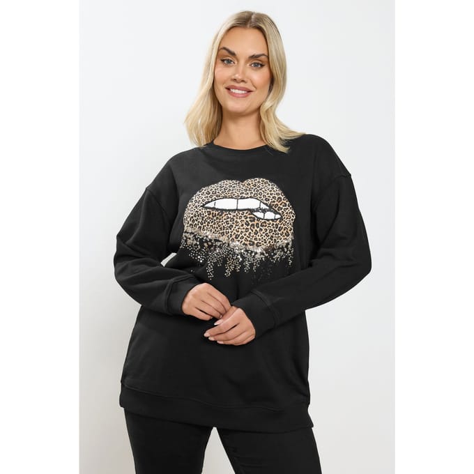 Yours Zwarte Luipaard Lippen Pailletten Versierde Sweatshirt Size 46
